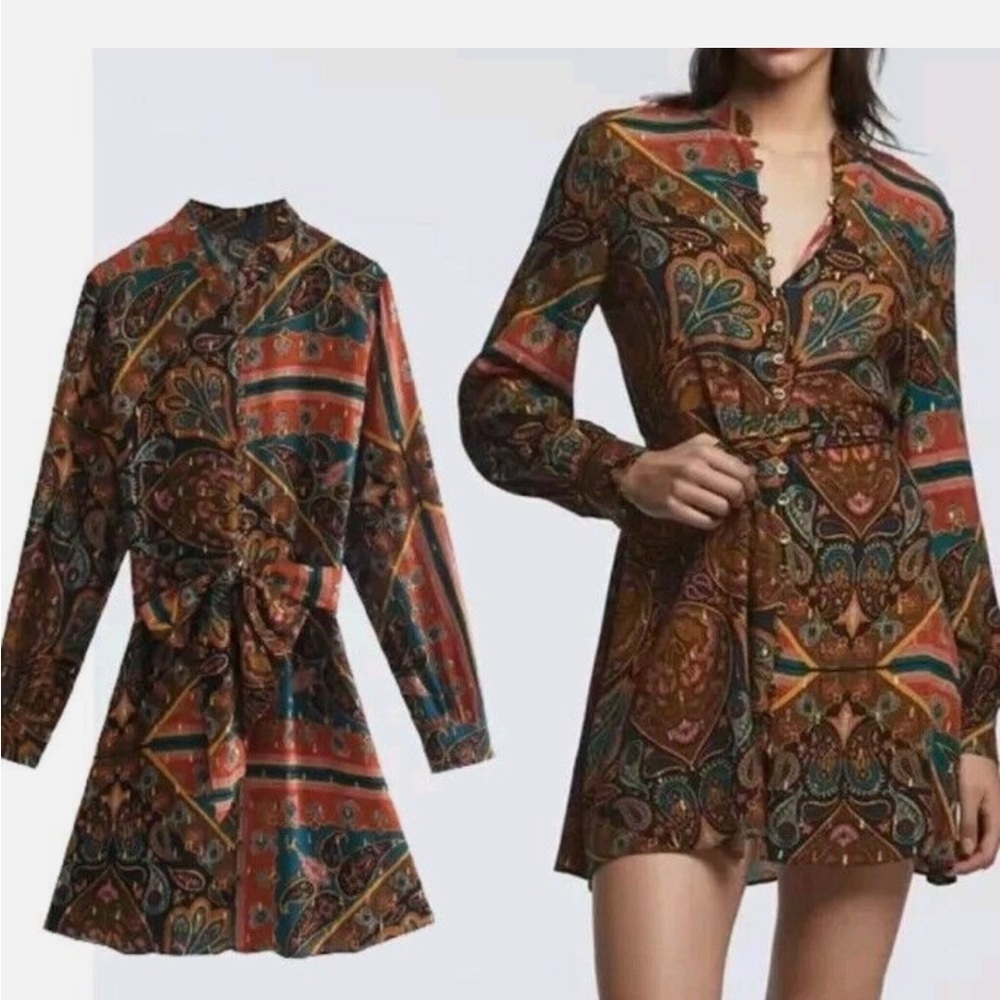 Zara Paisley Print Mini Shirt Dress with Removable Belt